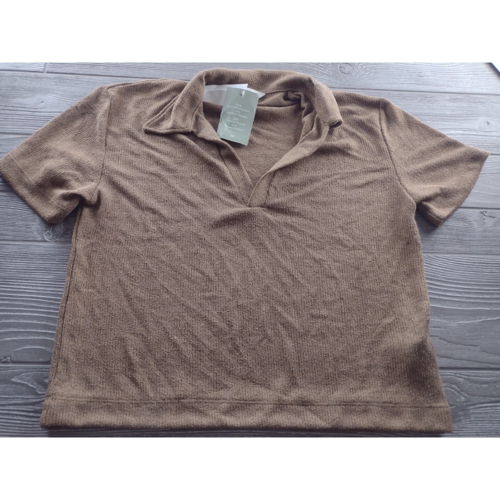 H&M Women Brown Cropped Top Short Sleeve Polo V-Neck Divided Shirt Size S NEW